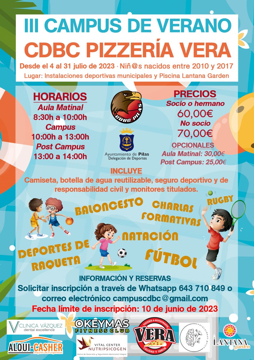 CDBdeCabrera's tweet photo. VUELVE EL CAMPUS DE VERANO ☀️🏊🏀⚽🎾

🗓️Del 4 al 31 de Julio.
✔️Niños y niñas nacidos entre 2010 y 2017.
📌 Instalaciones deportivas municipales y Lantana Garden.

🔵NO TE QUEDES SIN TU PLAZA!🫣
🟡INSCRÍBETE YA! 🔥

ℹ️más info en campuscdbc@gmail.com https://t.co/pF1VepINWk