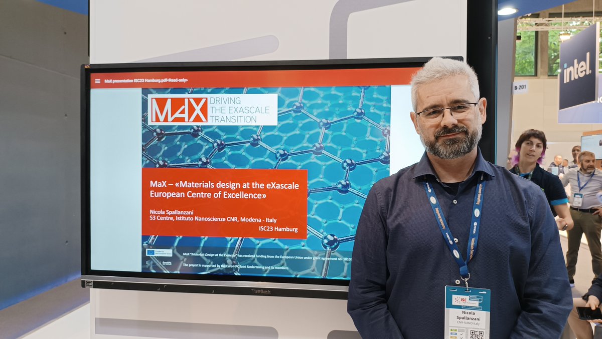 max_center2's tweet photo. #ISC2023, leading #HPC conference and exhibition in Europe, is taking place now in Hamburg.

🌐MaX is represented at the conference jointly with 30 R&amp;I projects funded by the @EuroHPC_JU in a shared booth, where you can meet and chat with Dr Nicola Spallanzani (@Cnr_Nano).🤝 https://t.co/Kz3yVrr6qM
