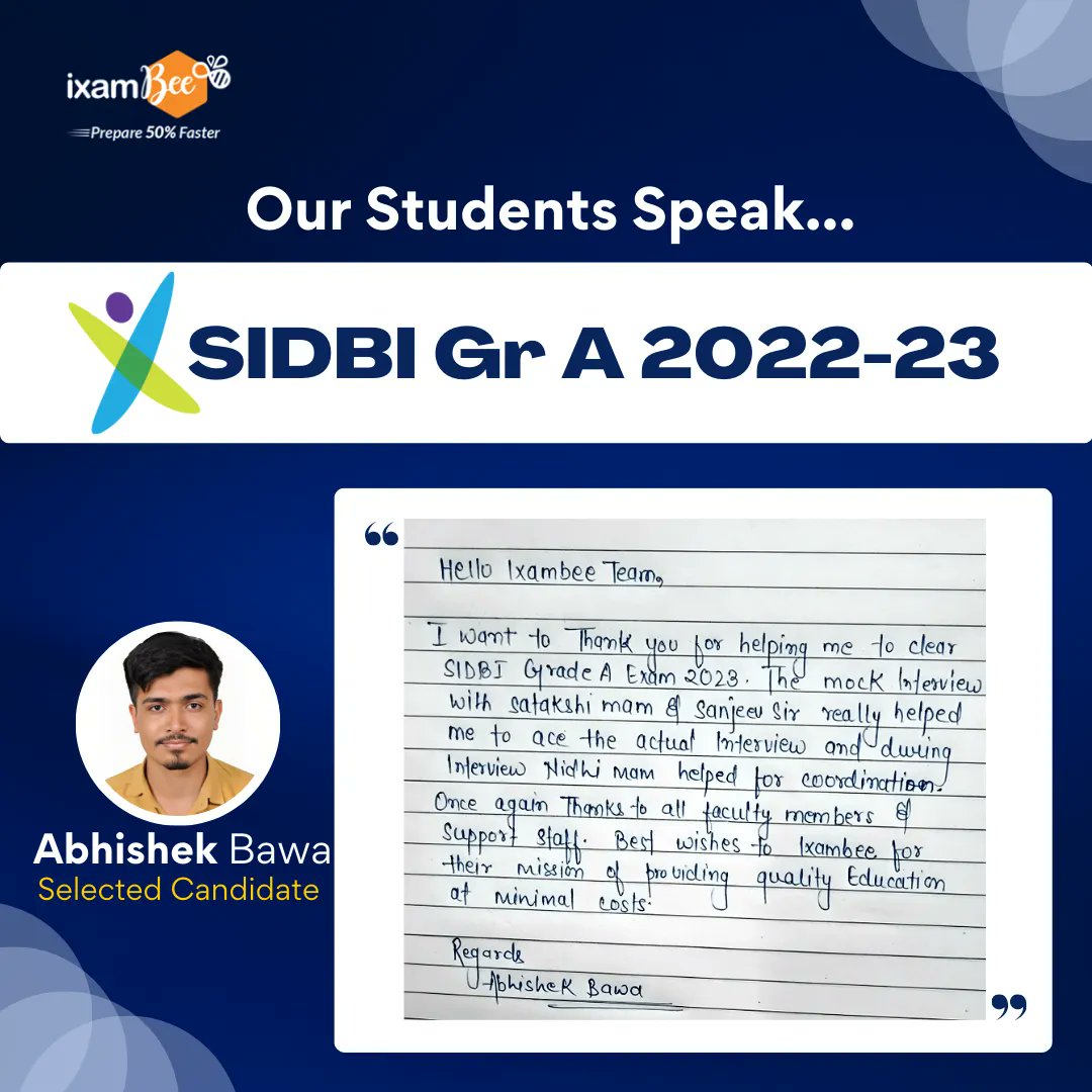 ixambee's tweet photo. 🎓 Congratulations Abhishek Bawa on clearing SIDBI Grade A. All the best for your journey ahead! 

#sidbi #sidbigradea #selection #selectedcandidate #studentsspeak #examprep #careerguidance #congratulations #bestwishes #jobseekers #jobaspirants #govtjob #ixambee https://t.co/HaAlwvkMUN