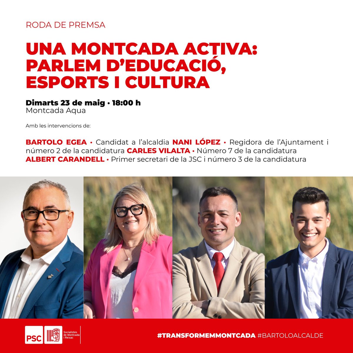 PSCMontcada's tweet photo. 🔴 Volem una Montcada activa i dinàmica. El PSC aposta per l'educació, l'esport i la cultura com a pilars de cohesió social, de l'estat del benestar i el desenvolupament de les persones.
👉 A les 18 h, a Montcada Aqua.
#TransformemMontcada #BartoloAlcalde https://t.co/LsdVJB8ejE