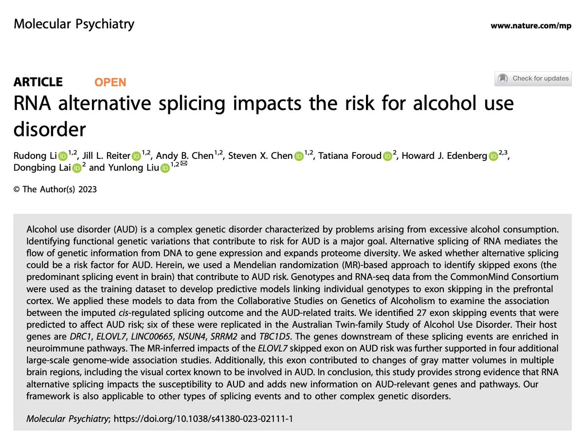 Yunlong Liu (@yunlongliu) on Twitter photo Excited to share our recent work on the roles of alternative splicing in alcohol use disorder. rdcu.be/dcKKd. <a href="/HEdenberg2/">H Edenberg</a> Excited to share our recent work on the roles of alternative splicing in alcohol use disorder. rdcu.be/dcKKd. <a href="/HEdenberg2/">H Edenberg</a>