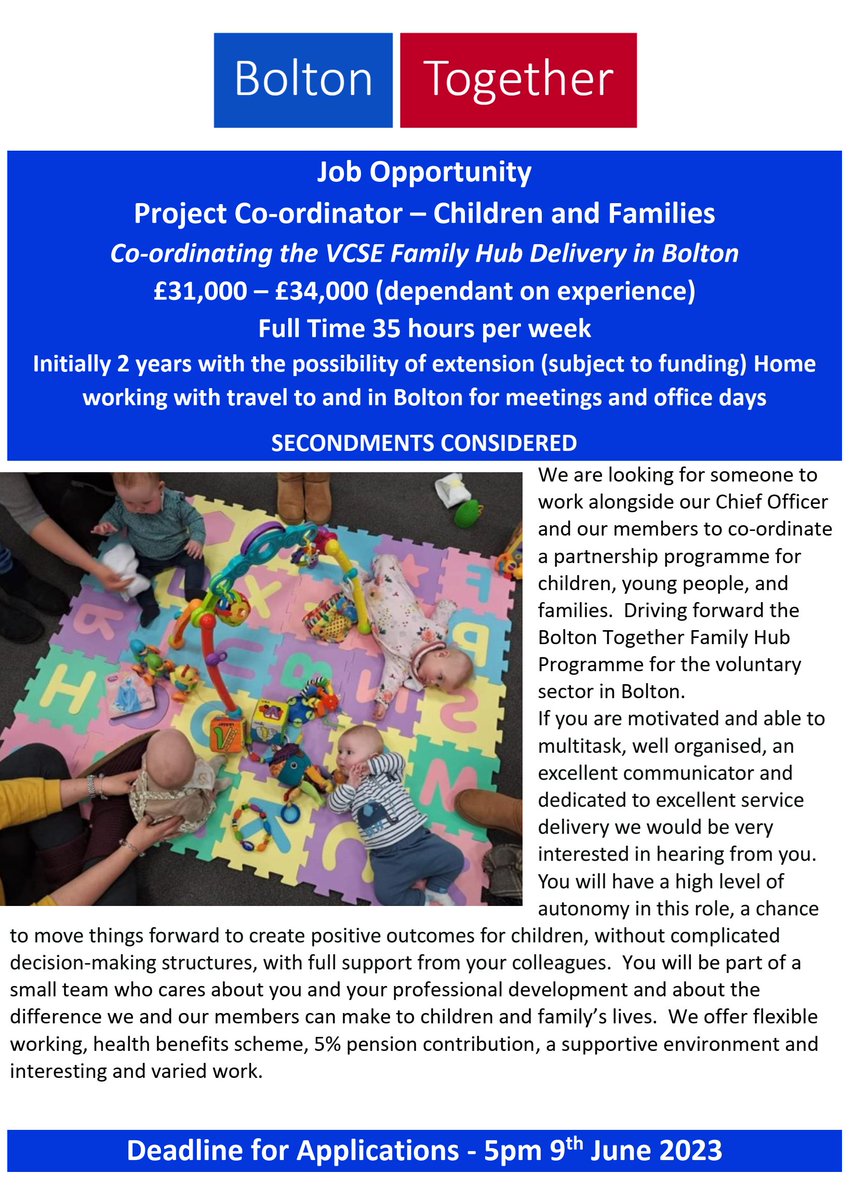 BoltonTogether (@boltontogether) on Twitter photo We are recruiting for a Project Co-ordinator to drive forward the #VCSE Family Hub Delivery in #Bolton contact Anne.Gray@boltontogether.org.uk for an application pack. We look forward to hearing from you! #recruitment #jobopportunity #children #families #earlyyears We are recruiting for a Project Co-ordinator to drive forward the #VCSE Family Hub Delivery in #Bolton contact Anne.Gray@boltontogether.org.uk for an application pack. We look forward to hearing from you! #recruitment #jobopportunity #children #families #earlyyears