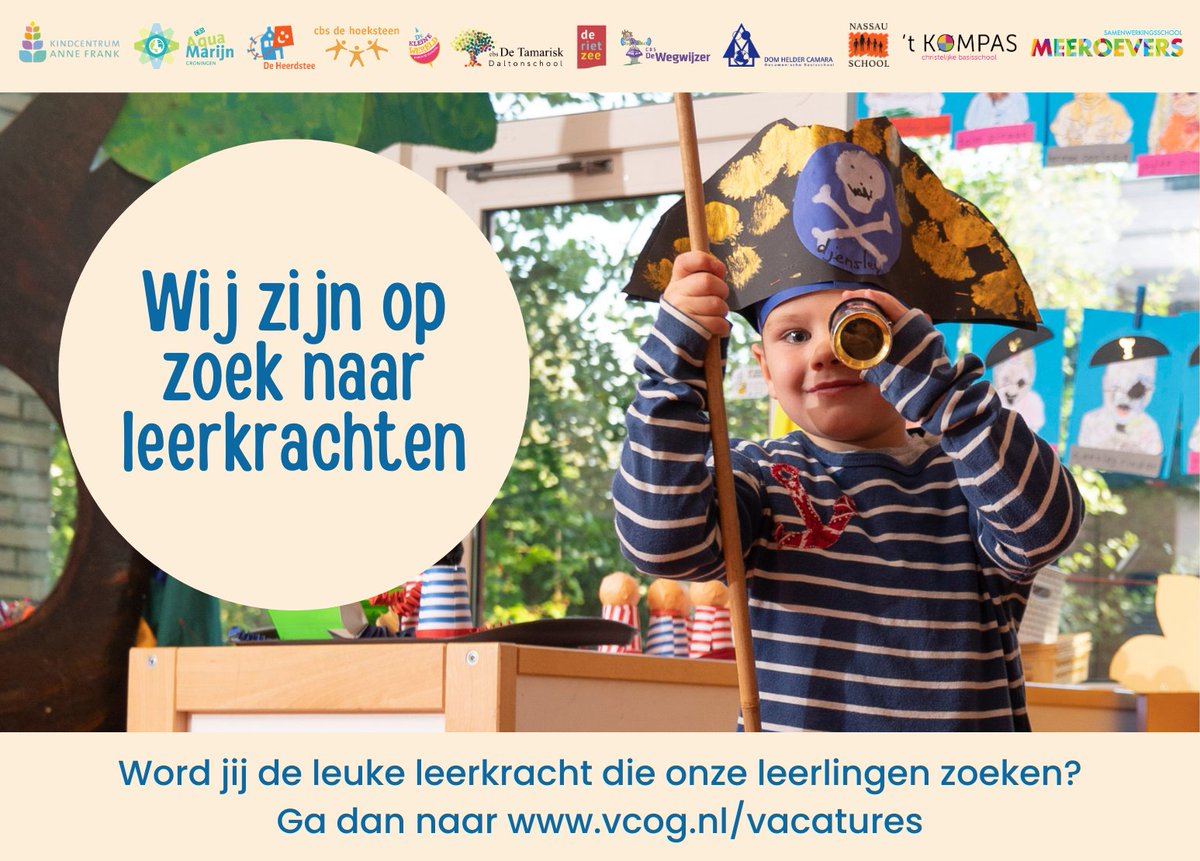 Wij zijn per direct op zoek naar leerkrachten voor verschillende locaties. Bekijk de vacatures op vcog.nl/vacatures.