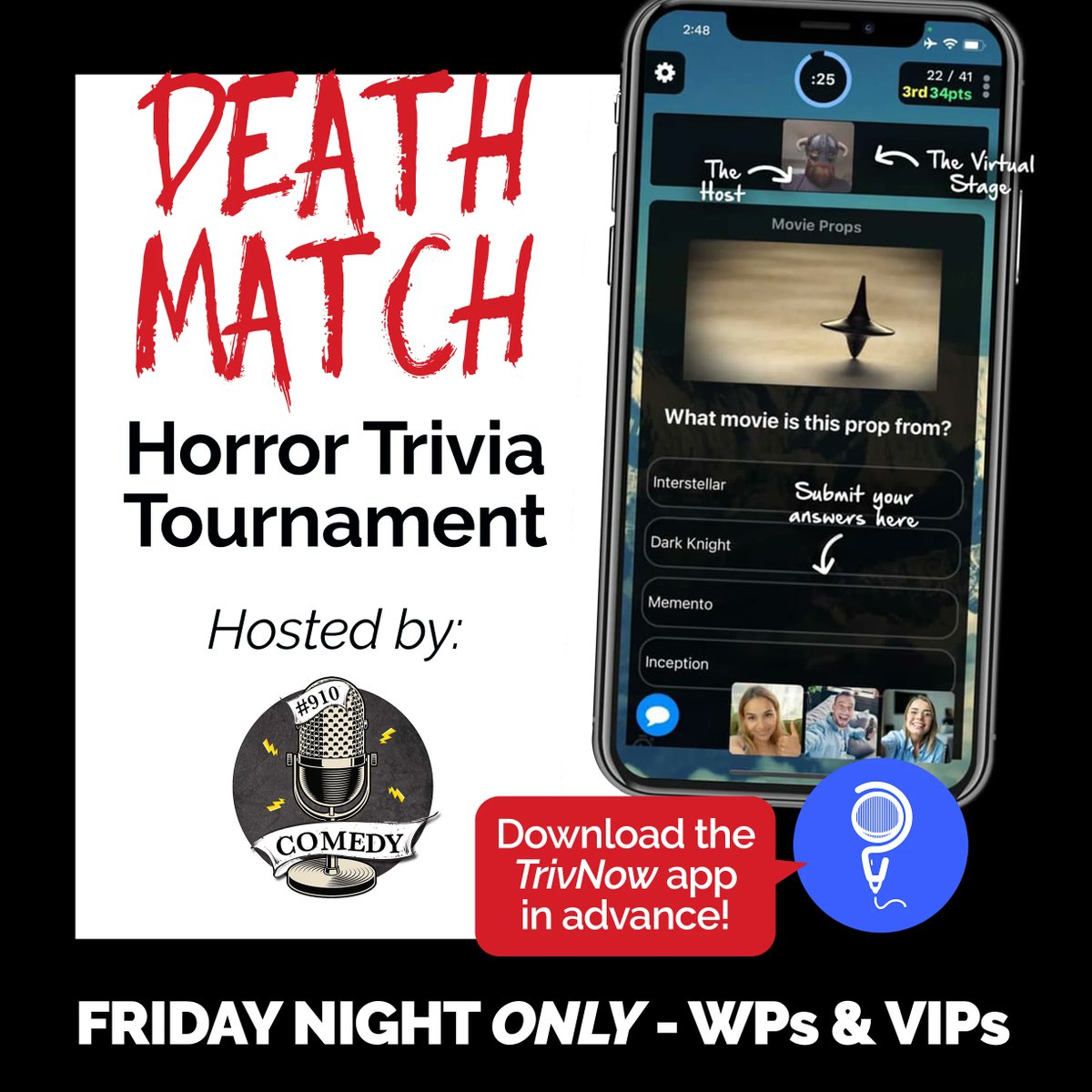 carolinafearfes's tweet photo. #DEATHMATCH #HorrorTrivia: Play for prizes! Only on Fri night for our VIPs and Weekend Passes - get your WP today, before the online pricing ends on Thurs, May 25th: https://t.co/Ai5F6BHdC6 #triviatourney #raleigh #910comedy #nctriangle #horrortrivianight
Hosted by #910Comedy! https://t.co/QscVN8EEk0