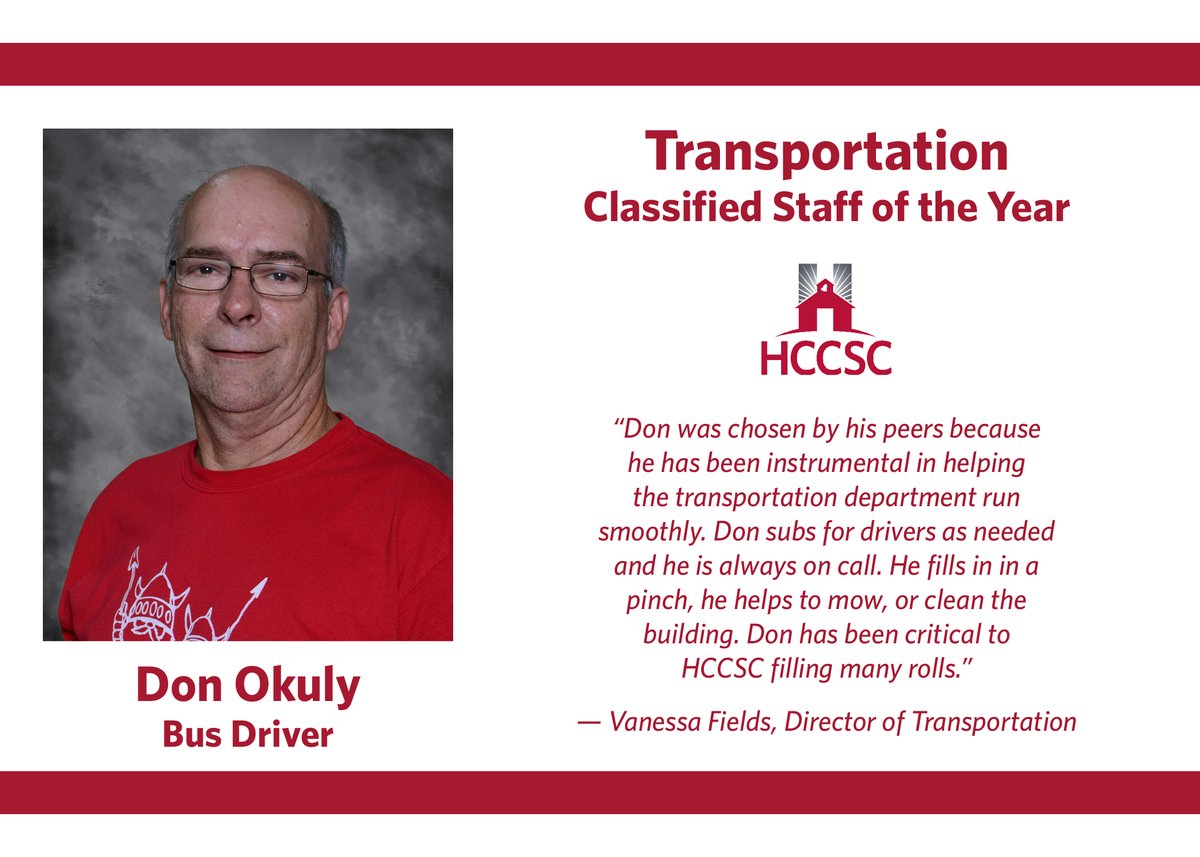 hccsofficial's tweet photo. We continue in honoring our district's Classified Staff of the Year today by congratulating Technology's Classified Staff of the Year, John Humphrey, and Transportation's Classified Staff of the Year, Debbie Goodyear, Shannon Houser, and Don Okuly! https://t.co/tIdyE24WVG