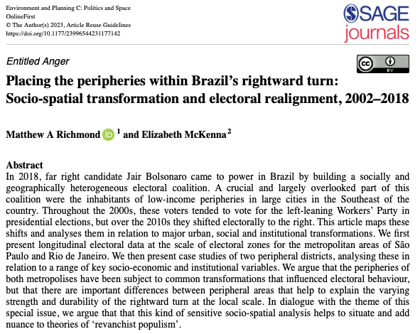 This is a fantastic new paper about the political geography of Brazil's turn to the right, by @mattyrichy and @lizcmckenna.

doi.org/10.1177/239965…