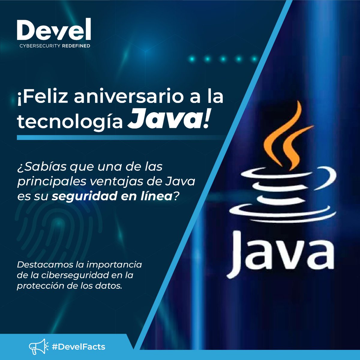 🎂👨💻 ¡Feliz aniversario a la tecnología Java! 🚀

Hoy estamos celebrando el aniversario de Java al mismo tiempo que destacamos la importancia de la ciberseguridad en la protección de los datos.

#Ciberseguridad #DevelGroup #DevelFacts