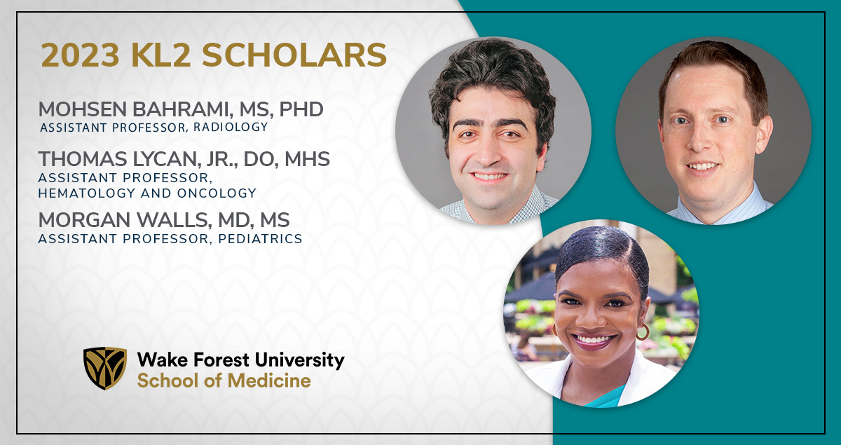 🗣️ 2023-2025 #KL2 Awardees Announced! Congratulations to our three awardees, Mohsen Bahrami, MS, PhD, @TLycanDO, DO, MHS, and @MWallsMD, MD, MS! 👉 Read More: bit.ly/436HM3M @wakeforestmed @WakePeds @WakeCancer @wakehealthDR