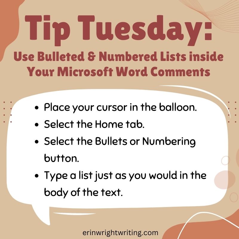 Long blocks of comment text can be daunting. Streamline your comments in Word with bulleted and numbered lists. #tiptuesday #microsoftword #amwriting #amediting