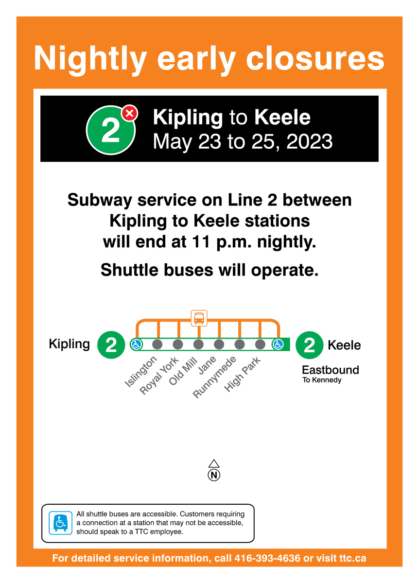 GTHATransitInfo's tweet photo. RT TTCnotices "Subway service on Line 2 between Kipling and Keele stations will end nightly at 11 p.m. tonight through Thursday for track work. 

We’ve got you covered with shuttle buses operating during the closure. https://t.co/UEBBfnDQkE"