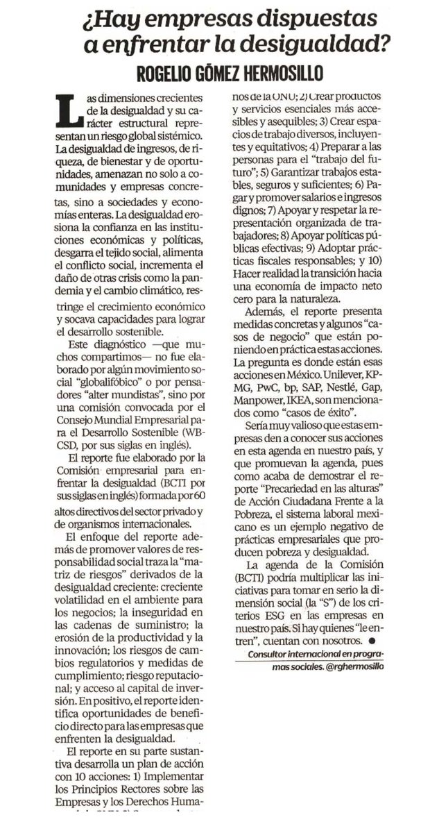 Hoy en El Universal escribo sobre el reciente reporte del Consejo Mundial Empresarial para el Desarrollo Sostenible que traza una clara y contunde agenda para enfrentar la desigualdad desde el sector privado

eluniversal.com.mx/opinion/rogeli…
