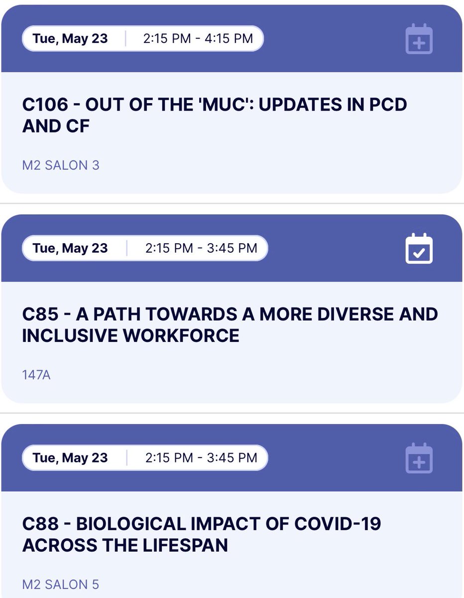 Hey #PediatricPulmonology friends —ready for more @ATSPeds? Don’t miss our sessions for today (5/23)…

#BPD, #cysticfibrosis, #PCD, #COVID19, #ILD, #DiversityandInclusion, #globalhealth, and so much more!