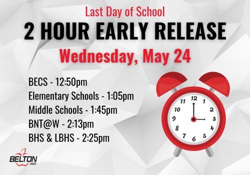 Reminder: TOMORROW is an early release day for ALL students in Belton ISD.⏰