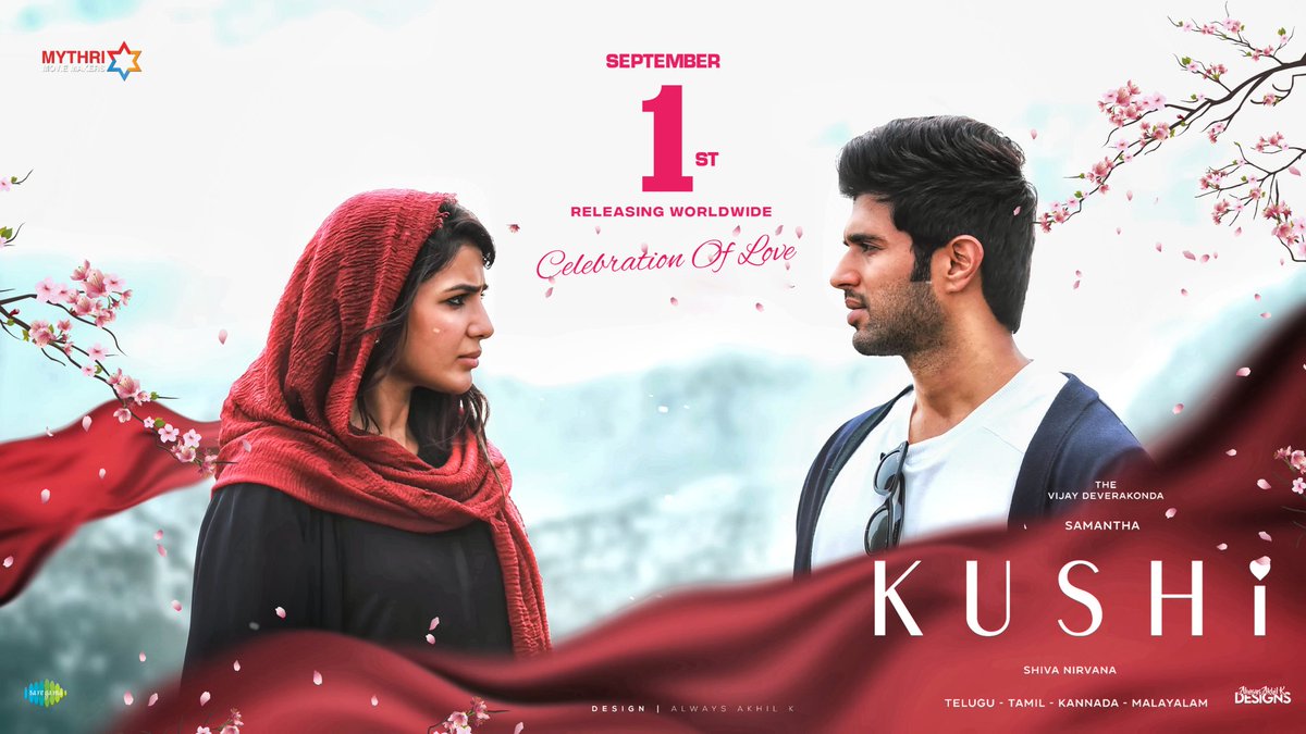 Here's the Poster design Of  #Kushi 💖!

An @AlwaysAkhilK design

@TheDeverakonda @Samanthaprabhu2 @MythriOfficial #ShivaNirvana @saregamasouth #KushiFirstSingle #KushiOnSep1st #SamanthaRuthPrabhu𓃵 #VijayDeverakonda