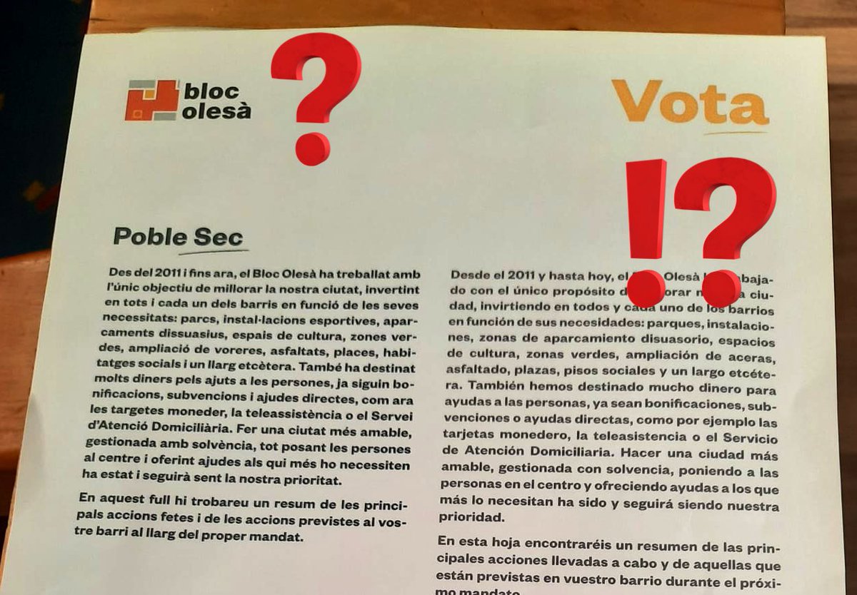 ¿Puede alguien explicarme como un partido que no existe desde el 2022 y que NO se presenta a elecciones, pide el voto? <a href="/blocolesa/">El Bloc</a> Espero respuesta…
¿<a href="/cupolesa/">CUP Olesa de Montserrat</a> tanto miedo tienen de reconocer que son ustedes los que se presentan, que se esconden bajo las siglas <a href="/BlocOlesa_CUP/">BlocOlesaCup</a> ?