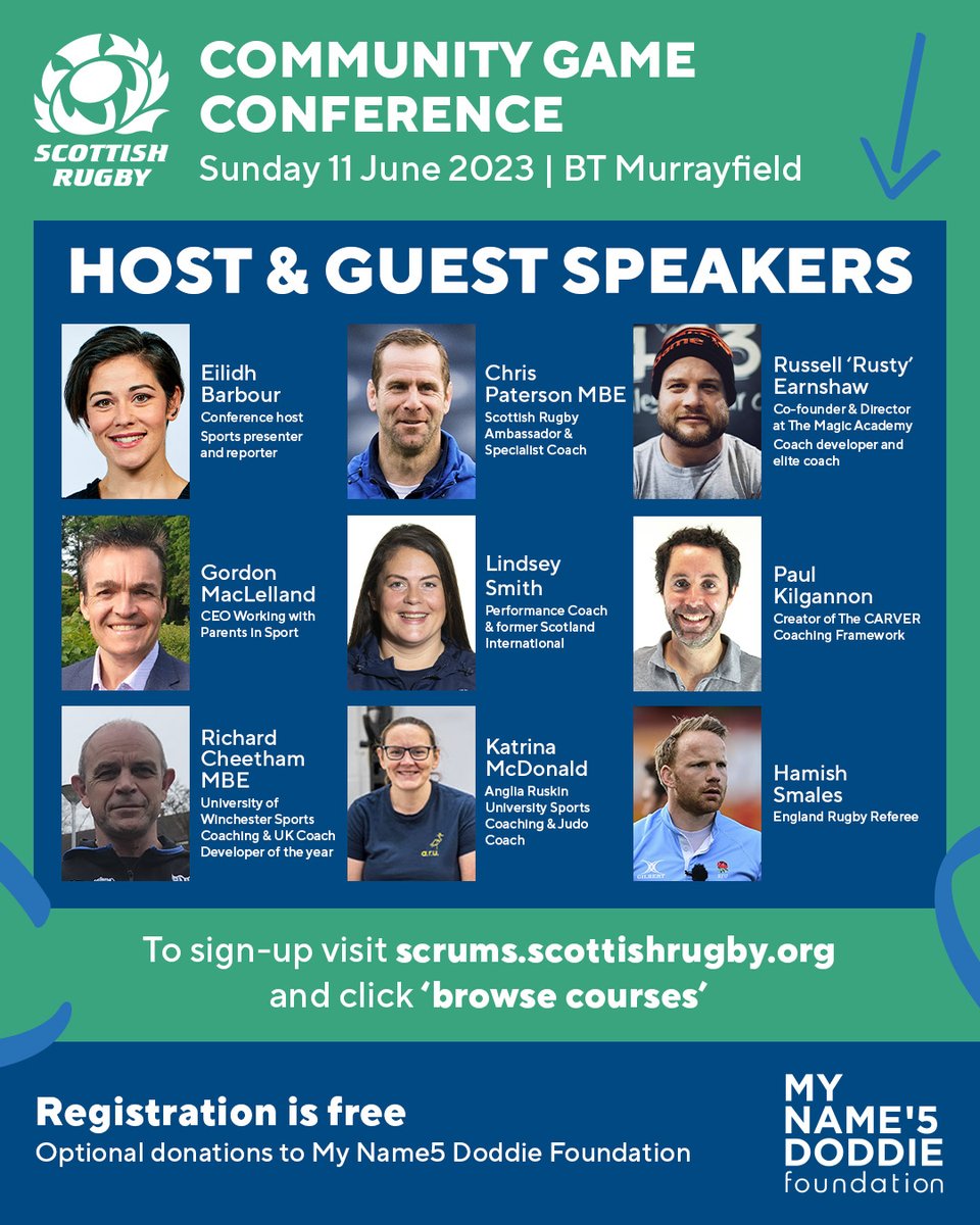 More guest speakers announced for the Community Game Conference @ BT Murrayfield on 11 June🔽

Scottish Rugby are delighted to welcome <a href="/_WWPIS/">Working with Parents in Sport</a> <a href="/LindseyeSmith03/">Lindsey Smith</a> <a href="/carver_coaching/">CARVER Coaching and Performance</a> <a href="/twowheelprof/">Richard Cheetham MBE</a> <a href="/katmcd333/">Katrina McDonald</a> <a href="/hamishsmales/">Hamish Smales</a>. Final conference programme to be announced next week

Places
