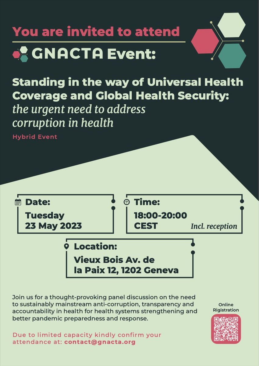 LESS THAN 3 HOURS TO GO!!!
We'll soon be starting our event on #corruption on #UHC and #globalhealth security. Looking forward to an exciting discussion!

You can still register to attend! Join us at Vieux Bois in Geneva or online. See the attached flyer for registration details.