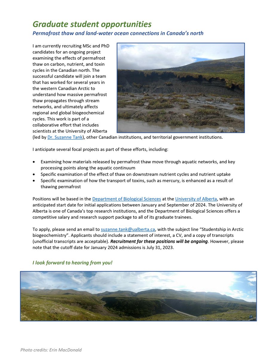 🎓 MSc and PhD opportunities in "Permafrost thaw and land-water ocean connections in Canada’s north" <a href="/UAlberta/">University of Alberta</a> 🇨🇦

📧 suzanne.tank@ualberta.ca
🔗 suzannetank.net/uploads/6/1/2/…