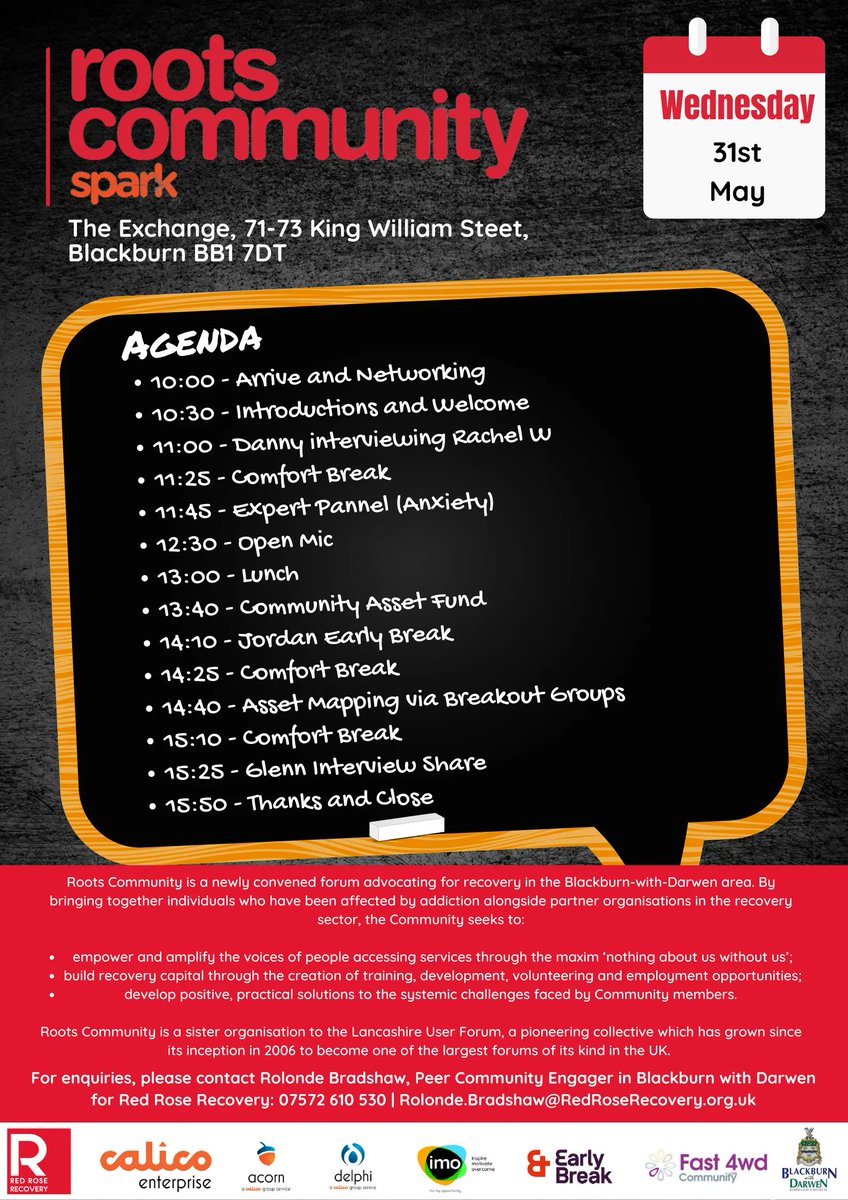 Roots Community Forum!

This months forum will be held on the 31st May at The Exchange over in #Blackburn

Come along to connect with your community and enjoy a free lunch while you attend

Bus fares will be refunded for #BlackburnwithDarwen residents 

#Recovery