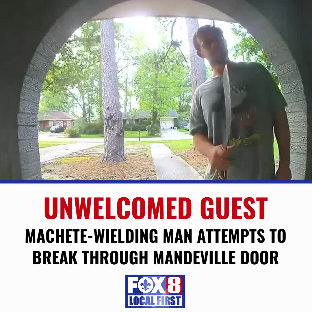 FOX8NOLA: The suspect can be seen in a Mickey Mouse shirt walking up to the house with a machete in hand, continuously pushing, banging, and seemingly trying to get into the family’s home>>bit.ly/434iCTS?utm_so…