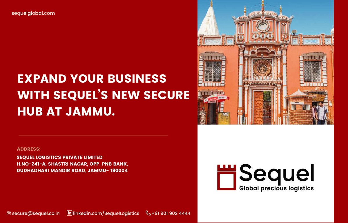 SequelLogistics's tweet photo. Expand your business with Sequel's new Secure Hub at Jammu.
#Sequel #GlobalPreciousLogistics #SecureHub #Jammu https://t.co/GAKnXmzA0a
