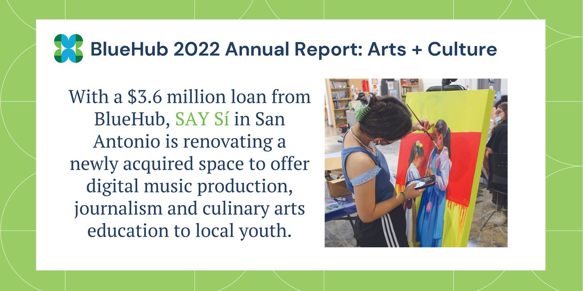 BlueHubCapital's tweet image. .@SAYS_SA been providing a broad array of #arts programming to youth in #SanAntonio for over 25 years. Now, it’s expanding on its goal to create a premier, inclusive, dynamic &amp;amp; nurturing educational environment. Read more: 2022.bluehubannualreports.org/story/arts-len… #PatternofPartnership