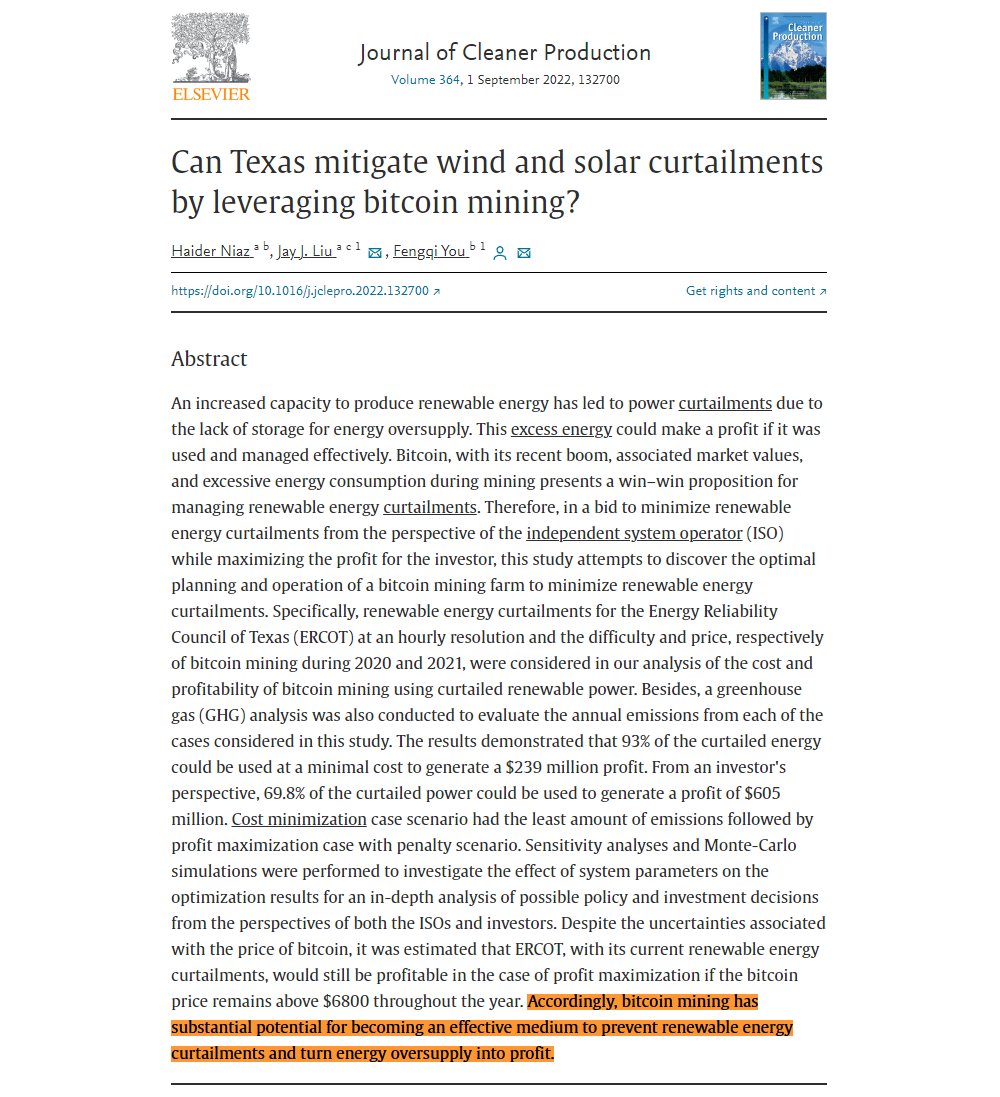 ₿𝗥𝗘𝗔𝗞𝗜𝗡𝗚: New #bitcoin academic study in Journal of Cleaner Production finds,

"Bitcoin mining has substantial potential for becoming an effective medium to prevent renewable energy curtailments and turn energy oversupply into profit"

[source: sciencedirect.com/science/articl…]