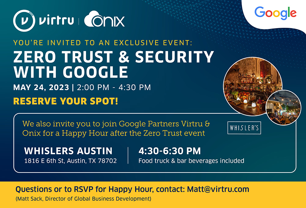 virtruprivacy's tweet photo. 🗓️ Join @Google and #BeyondCorp TOMORROW to fortify your Zero Trust remote security posture with Chrome and BeyondCorp Enterprise. Then, join us for a Happy Hour at Whisler's Austin 🍻 hosted by @OnixCloud and the Virtru team.
#security #zerotrust
https://t.co/CLClaTEh8N https://t.co/1xkhFENONo