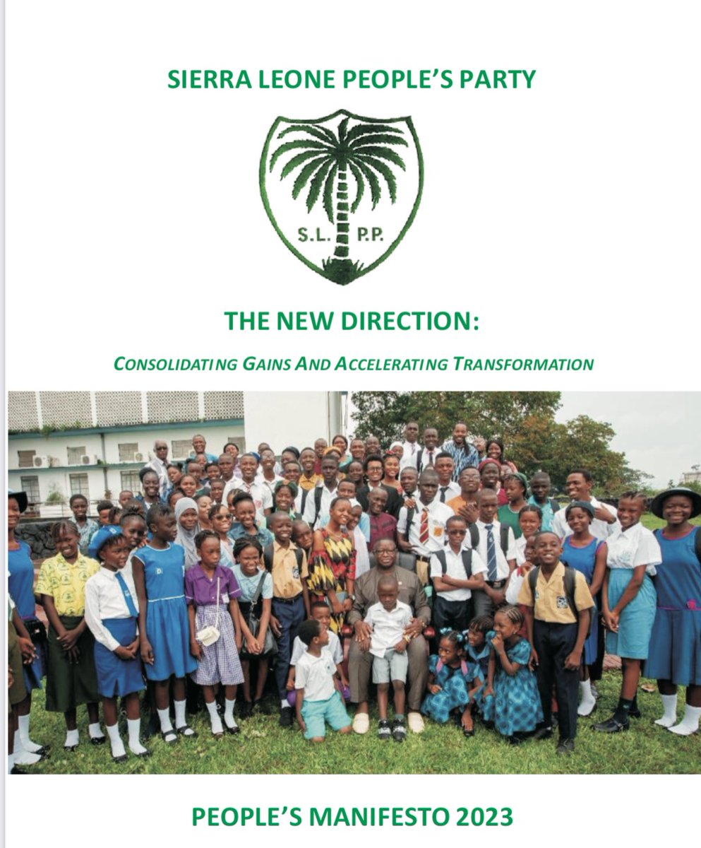 julius_maadabio's tweet photo. Today, I launched the Sierra Leone People’s Party (SLPP) 2023 PEOPLE’S MANIFESTO titled “THE NEW DIRECTION: CONSOLIDATING THE GAINS AND ACCELERATING TRANSFORMATION”.

The People’s Manifesto is designed to continue our New Direction national #development agenda, consolidate our gains and accelerate the social and #economic transformation for a better Sierra Leone – PAOPA SALONE MUST BETTEH.

Our Manifesto 2023 is anchored on FIVE KEY INITIATIVES for building an inclusive and prosperous #SierraLeone and for faster and lasting transformation.

The SLPP’s BIG FIVE GAME CHANGERS for sustainable economic development and social progress are:

1. FEED SALONE. 

2. HUMAN CAPITAL DEVELOPMENT FOR NURTURING SKILLS FOR 21ST-CENTURY INDUSTRY. 

3. YOUTH EMPLOYMENT SCHEME. 

4. REVAMPING THE PUBLIC SERVICE ARCHITECTURE THROUGH DELIVERY, EFFICIENCY AND PROFESSIONALISM.

5. TECHNOLOGY AND INFRASTRUCTURE PROGRAMMES TO SERVE AS PATHWAYS FOR SUSTAINED ECONOMIC GROWTH. 

Making progress in these key areas will set Sierra Leone on a sustainable path of transformational change, poverty reduction and resilience in the face of external shocks.

#BIOJALLOH2023

#SLPP4DEVELOPMENT

#SLPPMANIFESTO2023
