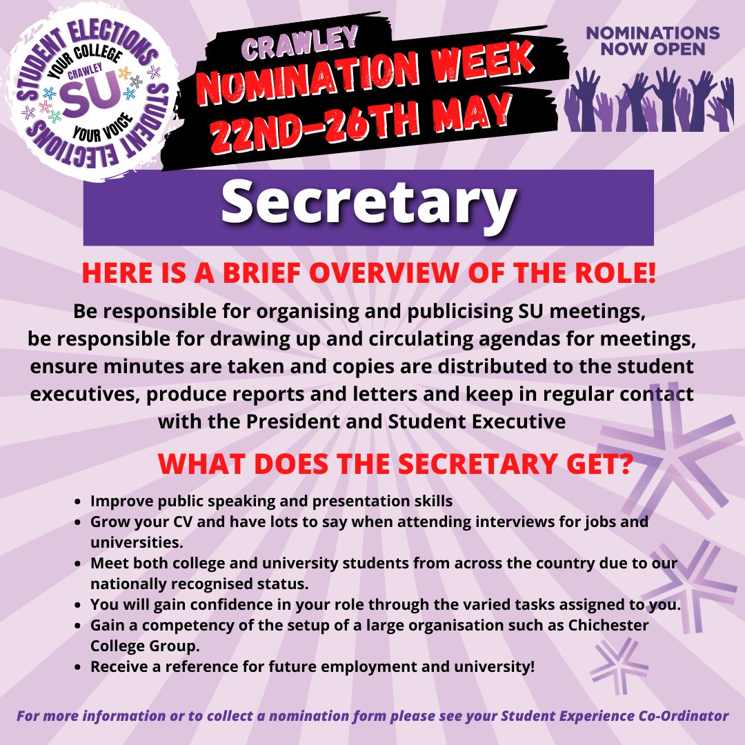 crawley_su's tweet photo. This week is Nominations Week! Here is the different roles you can apply for! For any more information come and see the Student Experience Team on your Campus! Good Luck! https://t.co/7umZ1R03Pc