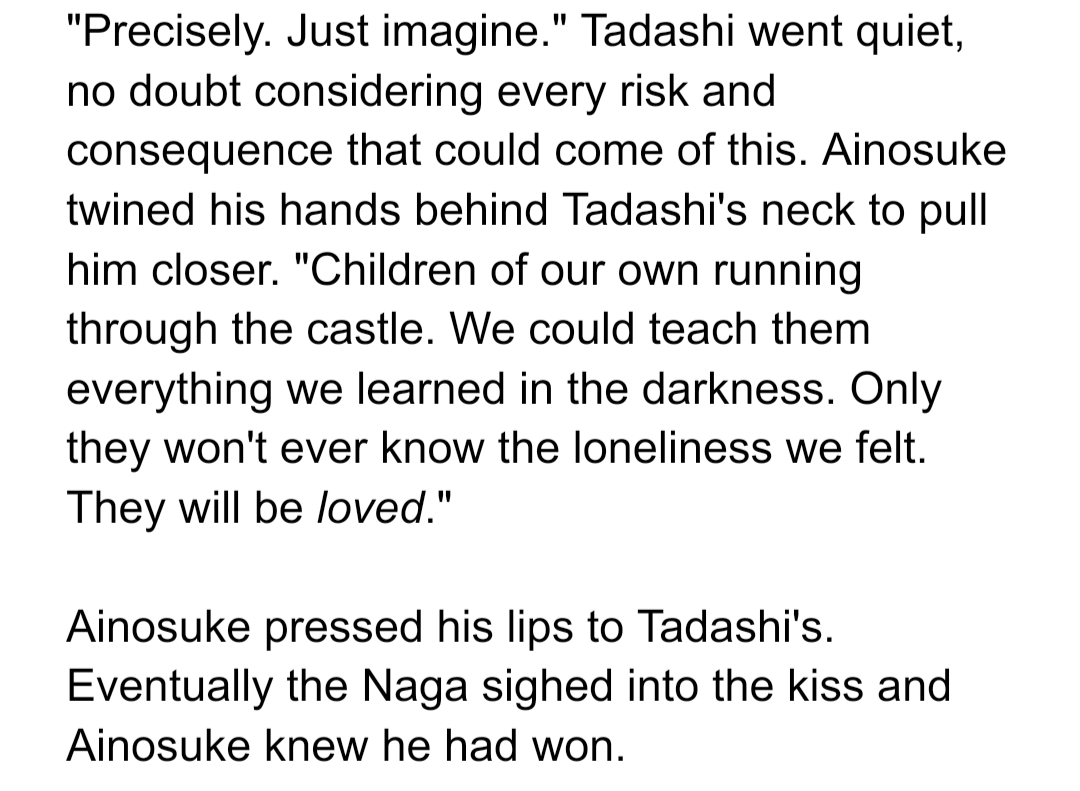 An excerpt from a #tadaai Naga Tadashi/Demon King Ainosuke AU that I dearly want to finish one day (a prequel to Nest, if you will 🥚)