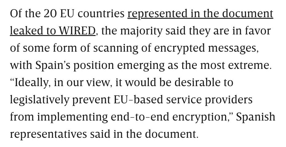 Turns out Spain is advocating for banning end-to-end encryption for hundreds of millions of people in the European Union. Didn't have that on my bingo card. wired.com/story/europe-b…