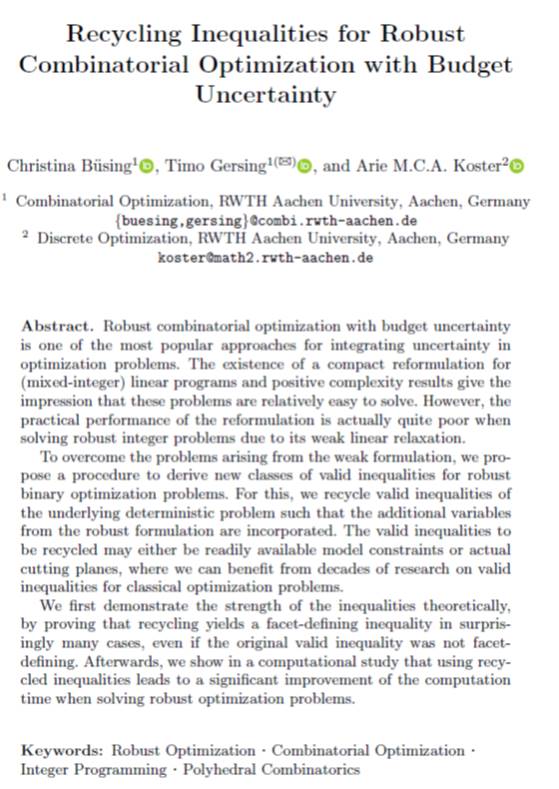 Our contribution to IPCO 2023 is already online: we show how to recycle valid inequalities for Γ-robust combinatorial optimization improving the performance of MIP solvers significantly. link.springer.com/chapter/10.100… Joint work with @tgersing and @cmbuesing. #mip #orms #optimization