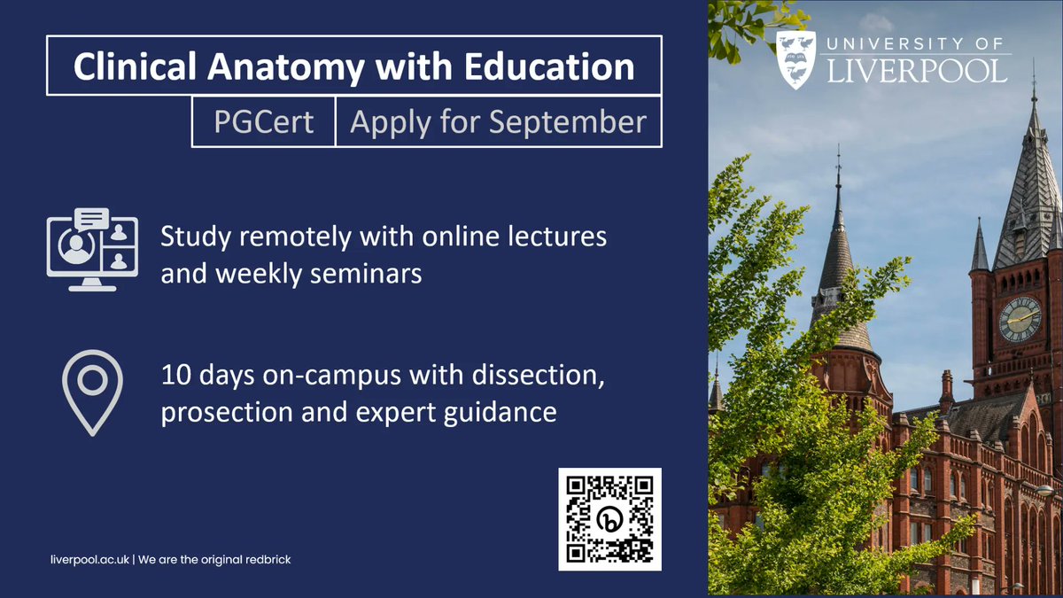 New Course at the University of Liverpool - PgCert in Clinical Anatomy with Education 
Closing Date for applications: 14th Aug
More info: buff.ly/43cBPCy