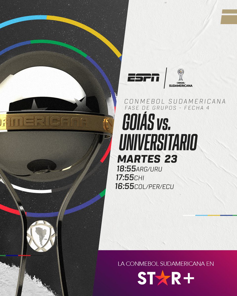 ESPNArgentina's tweet photo. 🔥 Hoy es día de #Sudamericana 🏆 por #ESPNenStarPlus ⬇️

🇦🇷 #Gimnasia obligado a ganarle a #IndependienteSF🇨🇴 para continuar con posibilidades. https://t.co/pVWch5b3OF