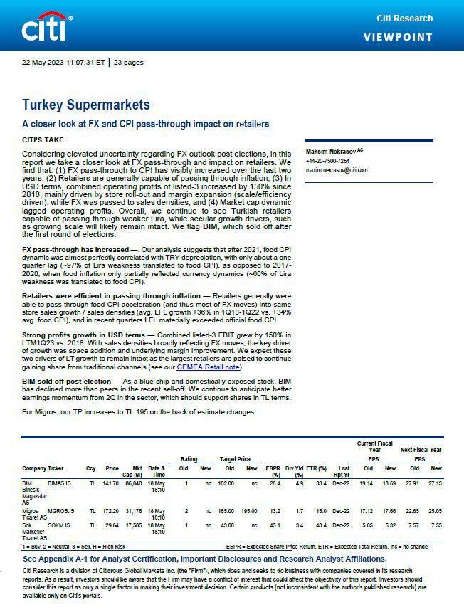ABD merkezli Citibank’ın Türkiye’deki süpermarket şirketleri raporundan: 

Ürünlerdeki fiyat artışlarını direkt tüketiciye yansıtıyorlar, enflasyondan etkilenmiyorlar. 

Faaliyet kârları 2018'den bu yana dolar bazında %150 arttı.
