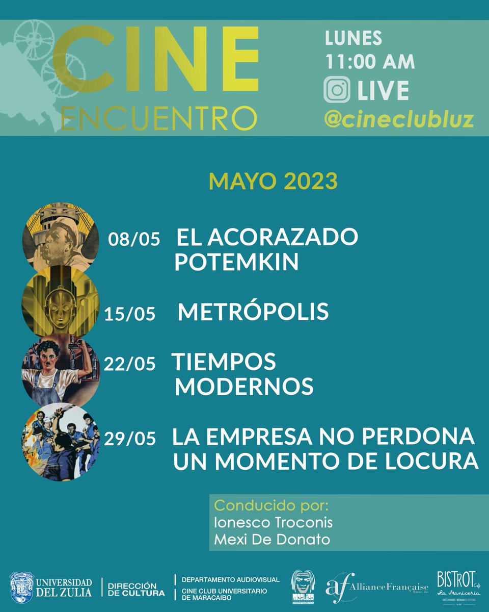 Programación de Mayo #cineencuentro #online 
#live #Instagram <a href="/CineClubLUZ/">CineClubLUZ</a>  Todos los Lunes a las 11:00 am

Conducido por la periodista cultural Mexi de Donato y el productor Ionesco Troconis <a href="/ionesco1/">Ionesco  Troconis</a> <a href="/mexidedonato/">Mexi De Donato Abud</a> 

<a href="/culturaLUZ/">Dirección de Cultura</a>