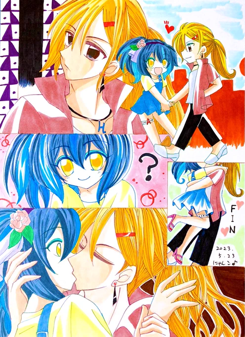 🎀路地裏キッス🎀  不意打ちからの逆飛び付きキスめっちゃ好き😇💕💕  ☀️「暁大好き💖」  ☪️「おっと…俺もだよハル💕」   #キスの日 #アナログ絵 #にゃんこのアカハル暴走部屋2023 #イラスト #二次創作 #BL