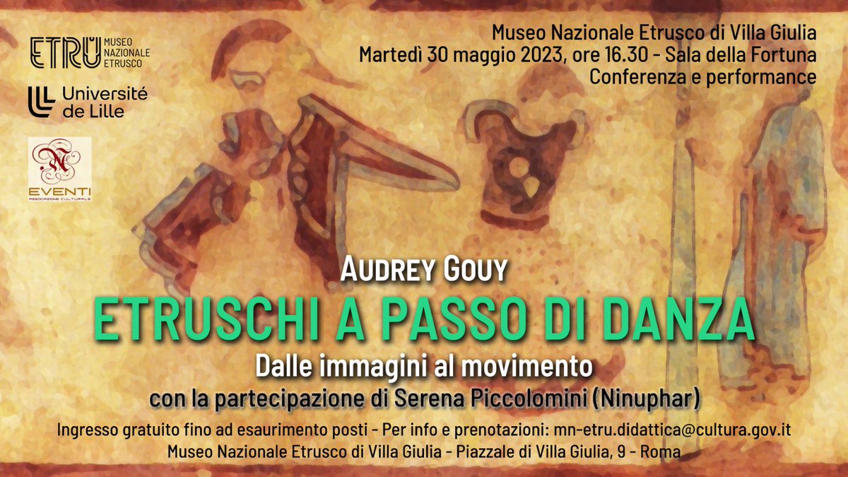 I will have the great pleasure to talk about Etruscan dress &amp; dance on Tuesday 30th May at <a href="/VillaGiuliaRm/">Museo Etrusco Villa Giulia Roma</a> The conference will be followed by a performance on Ancient Dance.
For more info: museoetru.it/eventi/etrusch… 
<a href="/TEXDANCE1/">TEXDANCE</a> <a href="/EuroWeb4/">EuroWeb</a> <a href="/HALMA_ULille/">HALMA - UMR 8164</a>