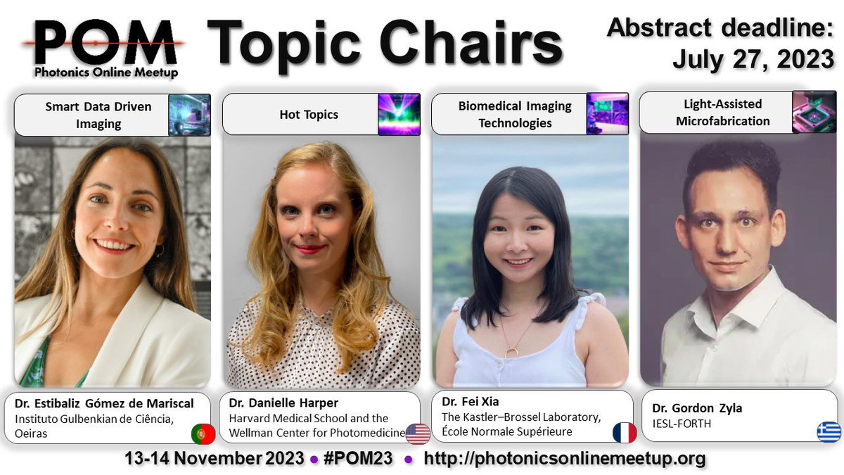 Photonics Online Meetup (@photonicsmeetup) on Twitter photo Checkout the #POM23 leadership & topics!
· Hot Topics: Dr. Danielle Harper
· Biomedical Imaging Tech: Dr. Fei Xia <a href="/_FeiXia_/">Fei Xia</a>
· Smart Data Driven Imaging: Dr. Estibaliz Gómez-de-Mariscal <a href="/gomez_mariscal/">Estibaliz Gómez de Mariscal, PhD</a>
· Light-assisted Microfab: Dr. Gordon Zyla <a href="/GordonZyla/">Gordon Zyla</a>
#sciencetwitter Checkout the #POM23 leadership & topics!
· Hot Topics: Dr. Danielle Harper
· Biomedical Imaging Tech: Dr. Fei Xia <a href="/_FeiXia_/">Fei Xia</a>
· Smart Data Driven Imaging: Dr. Estibaliz Gómez-de-Mariscal <a href="/gomez_mariscal/">Estibaliz Gómez de Mariscal, PhD</a>
· Light-assisted Microfab: Dr. Gordon Zyla <a href="/GordonZyla/">Gordon Zyla</a>
#sciencetwitter