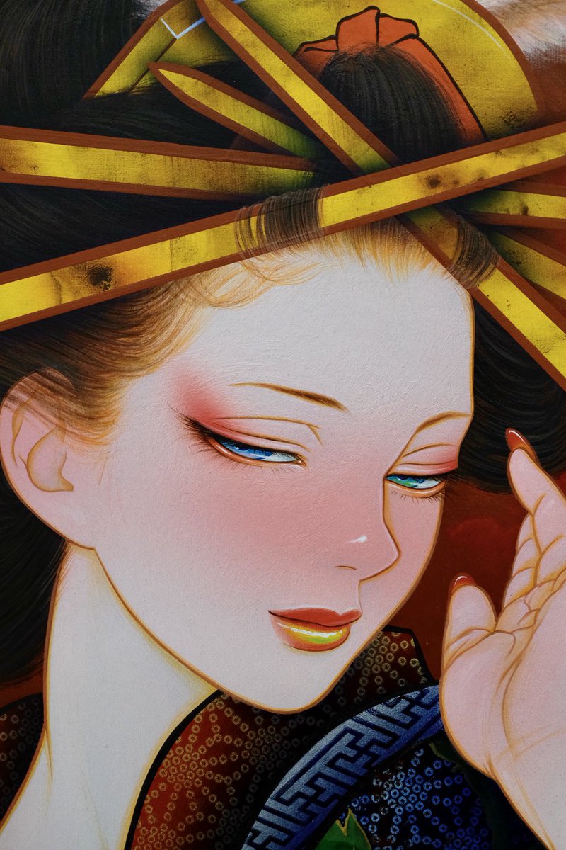 「簪など一通り描き終わり 髪の毛のキワは背景に金箔貼ってから調整します 人物部分を」|田村吉康 TAMURA Yoshiyasuのイラスト