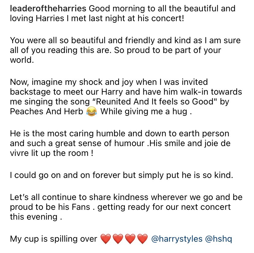 hsdaily's tweet photo. Reina via Instagram:
“Now, imagine my shock and joy when I was invited backstage to meet our Harry and have him walk-in towards me singing the song “Reunited And It feels so Good” by Peaches And Herb while giving me a hug.” https://t.co/eJ5Ge63MZT