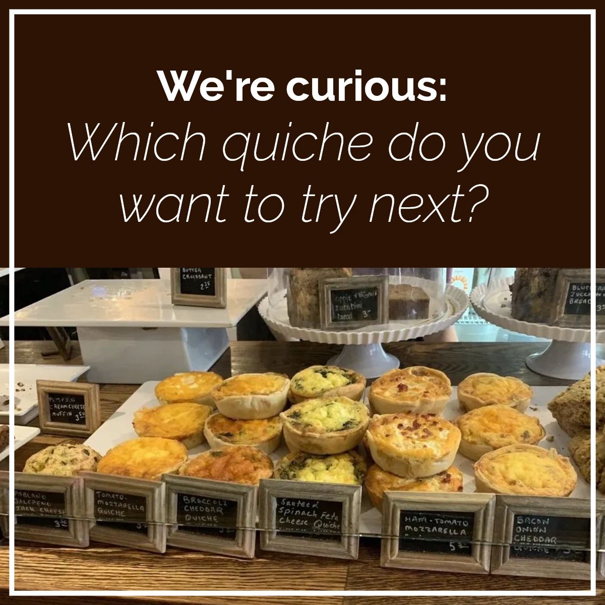 three50bakery's tweet photo. Our #quiche menu features everything from spinach feta to bacon onion cheddar. If you were to order one from us today, which quiche would you choose? #ThreeFiftyBakery #CoffeeBar #Vegan #OutdoorPatio #DCFoodie https://t.co/RKMqISmeOE