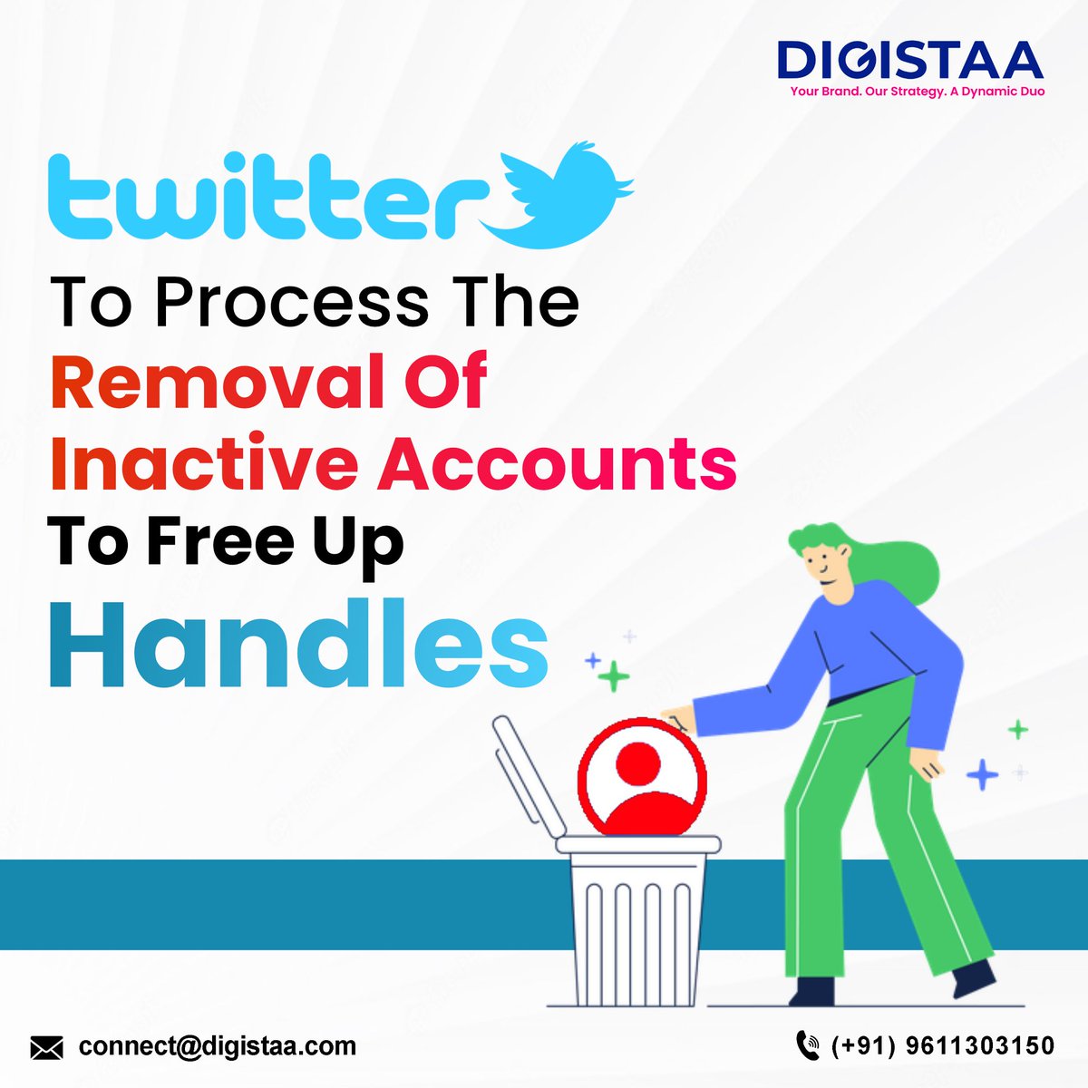 digistaa's tweet photo. Alert! 
Time to be active on Twitter now!! 
Twitter Inc will remove accounts that have been inactive for several years, CEO Elon Musk announced in a tweet on Monday, saying that the action is "Important to free up abandoned handles."

+91 9611303150
connect@digistaa

#digistaa https://t.co/1Huxy5WGFE