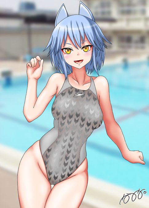 本日最後となる、相互様へのプレゼント絵のご紹介は、坂口貴行さん(@tkykt_siren)にお贈りした、狐胡キリカちゃんの競泳水着イラスト2枚です。
坂口さんとは、昨年のぴたけっとでブースが隣同士だったことで知り合い、その「競泳水着愛」に満ちた活動に、カツオもすごく刺激を受けています。
↓ 