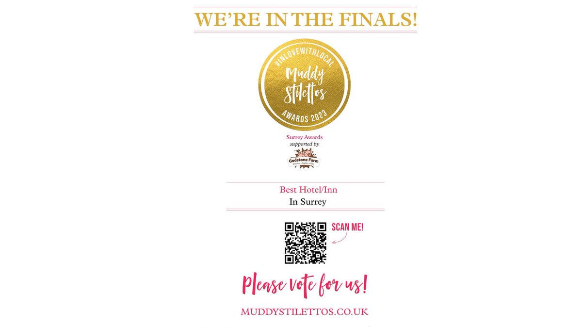 Wow 😲, thank you so much, your votes have got us into the finals of Surrey's Muddy Stilleto's Award for the Best Hotel 2023!!! To win the category we still need your votes AS VOTING STARTS FROM ZERO ⬇️VOTE HERE ⬇️ surrey.muddystilettos.co.uk/vote/ Thank you 🙏 #muddyawards2023