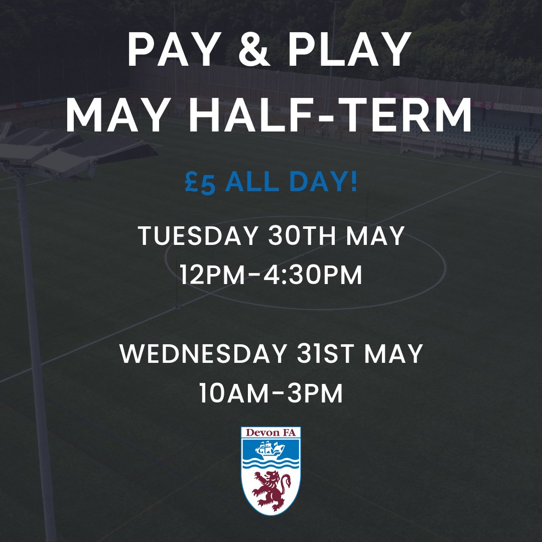 Pay & Play is back for May Half-Term ⚽️

We will be open next Tuesday & Wednesday, for players in Schools years (Year) 5 - (Year) 10 😁

👉 bit.ly/3MOYxeG

#DevonFootball