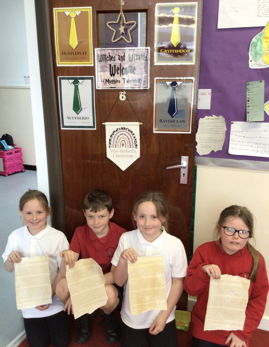 Today we started our new writing genre (letters) by receiving letters to invite us to join Hogwarts! We were so excited to sort ourselves into houses and accept the invitation from Dumbledore! We used the letter template from <a href="/literacywagoll/">LiteracyWAGOLL.com</a> @MacharNew 🦁🐍🦡🪶🪄