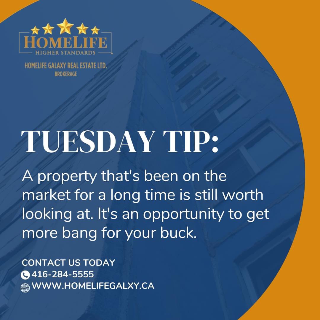 📍 Tuesday Tip - A property that's been on the market for a long time is still worth looking at. It's an opportunity to get more bang for your buck.

#homelifegalaxy #homelife #realestate #buyingtip #checkcredit #creditscore #buyahouse #mortgage #loan  #finance #option #treb