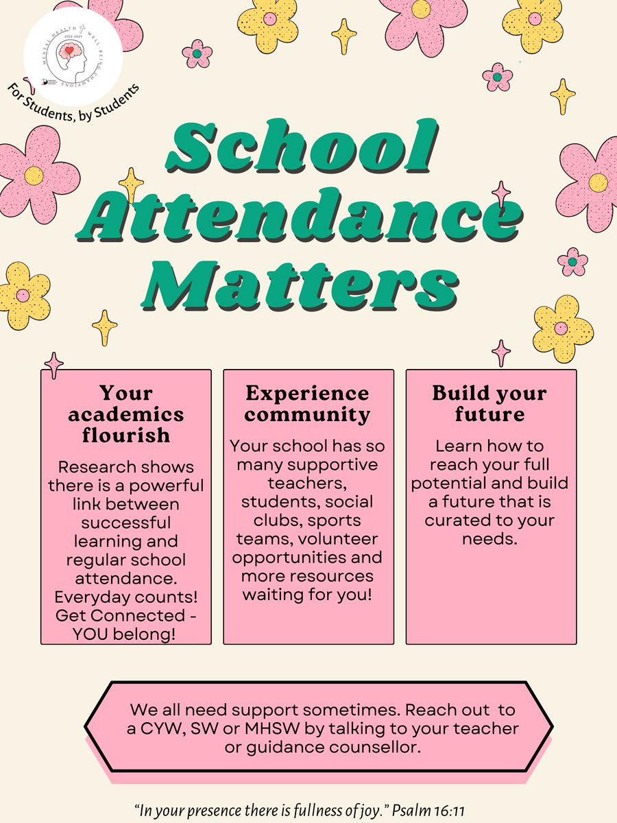 The #StudentMHWBChampions and <a href="/SWdeptDPCDSB/">Social Work Dept-DPCDSB</a> have come together to remind students of how important school attendance is! 

Make sure to download the latest resource from the Champions here: drive.google.com/file/d/1672zX7…

Be present! You are missed when you are away 🙂